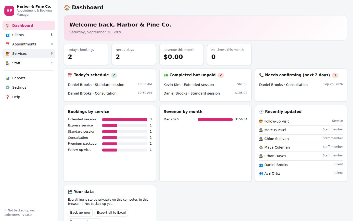 Appointment & Booking Manager dashboard with sample data