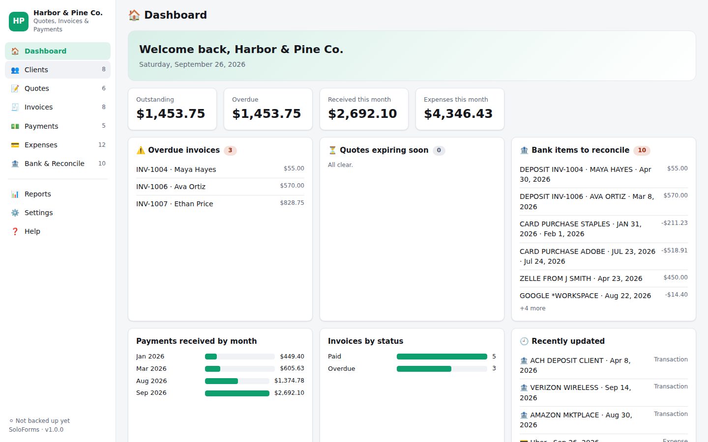 Quotes, Invoices and Payments app dashboard