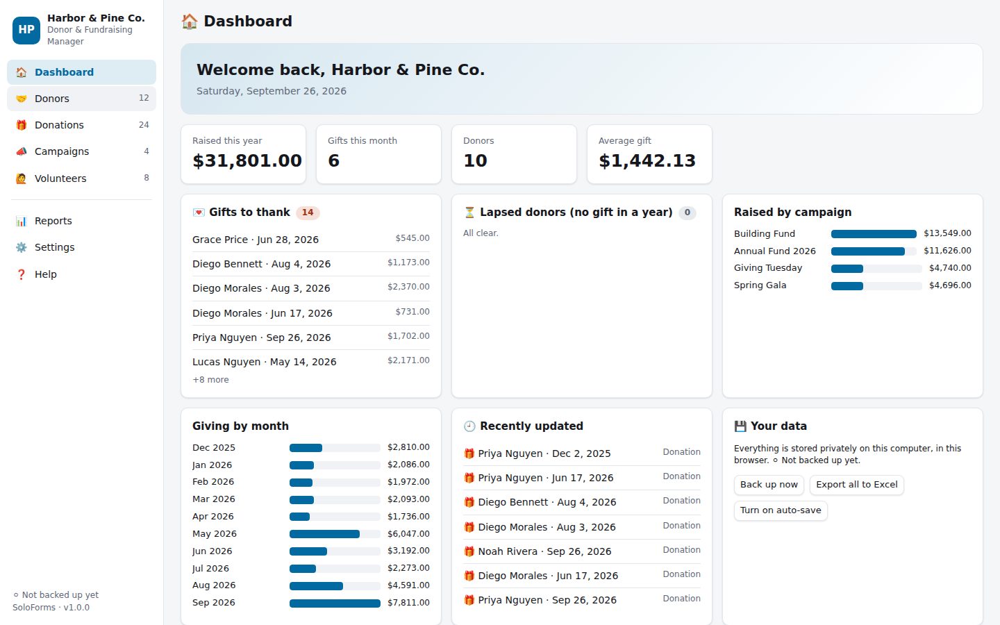 Donor & Fundraising Manager dashboard with sample data