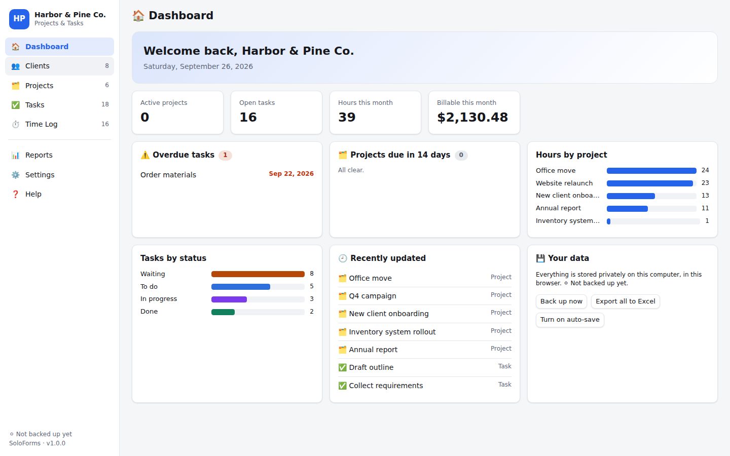Projects & Tasks dashboard with sample data