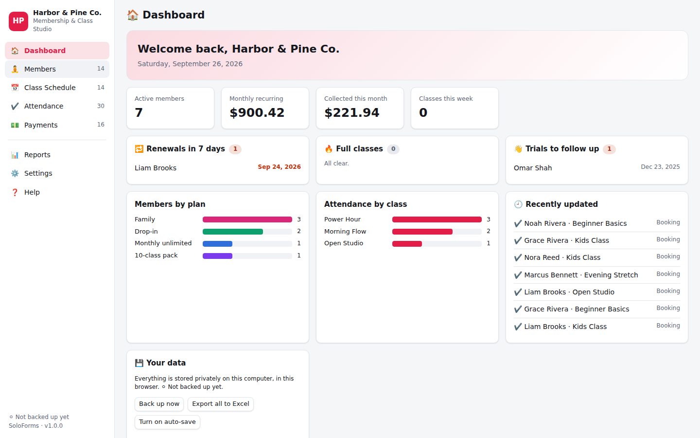 Membership & Class Studio dashboard with sample data