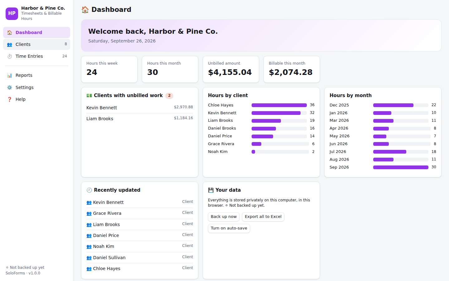 Timesheets & Billable Hours dashboard with sample data